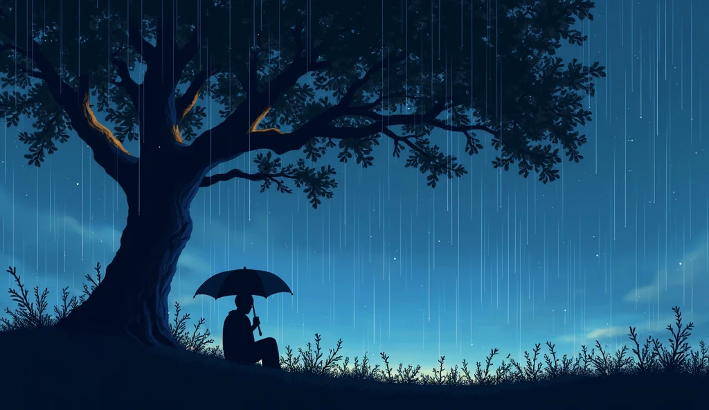 High resolution, pixel art dot painting scenery chill lofi 90s person sheltering from the rain under a tree rain