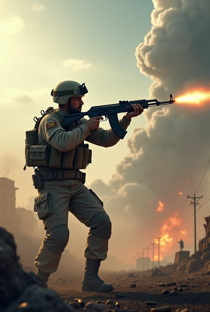 An American soldier firing an AKM in the sky