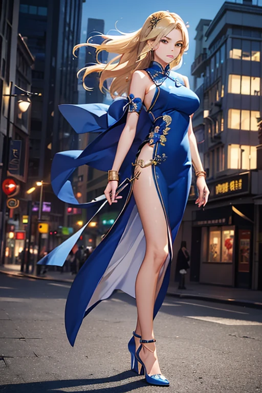 Highest quality,high resolution,comics,(Cel animation style),A woman is standing alone,30 year old Asian female,(Long blonde hair),((Blue Chinese Dress)),((Blue heels)),((1 holding a gun.6)),(Hibiscus hair accessory),(Beautiful face with slits 1.3)，(gold bracelets on both wrists),Beautiful Style,Slender body,(Large Breasts),((City Background))