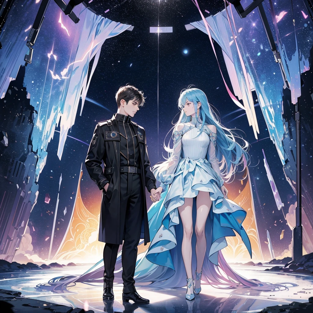 A work of science fiction art. The visual style should maintain a realistic, sci-fi aesthetic. It should have a polished look of hyperdetailed digital art with specular highlights. The space background is crystal clear with dramatic stars and nebulae in focus Inside a starship, full body view of young man and a young woman standing vertically side by side inside a starship in sleek, futuristic stasis chambers behind swirling energy fields like mandelbrot fractals. Both are wearing unisex mylar jumpsuits with boots on floor inside chamber and matching ruby pendants suggesting they are a couple. The transparent covers of the chambers reveal their serene expressions, as if peacefully asleep, with soft, pulsing lights surrounding them. The chambers are made of crystalline, glass-like material, subtly sparkling to represent their shared dreams. A gentle, ethereal light fills the starship's interior, casting a soft glow over everything. The interior of the starship is light blue. In the background, through a large window, the vastness of space is visible, with velvet skies and distant stars. Nebulae drift slowly, symbolizing the cosmic call they are following. A faint, pulsing light around each person's chest signifies their still-beating hearts, highlighting their connection even in stasis. The scene evokes a sense of timelessness and enduring love, with distant galaxies waltzing outside the window, creating a delicate contrast between the stillness within and the movement beyond They are surrounded by instruments and displays