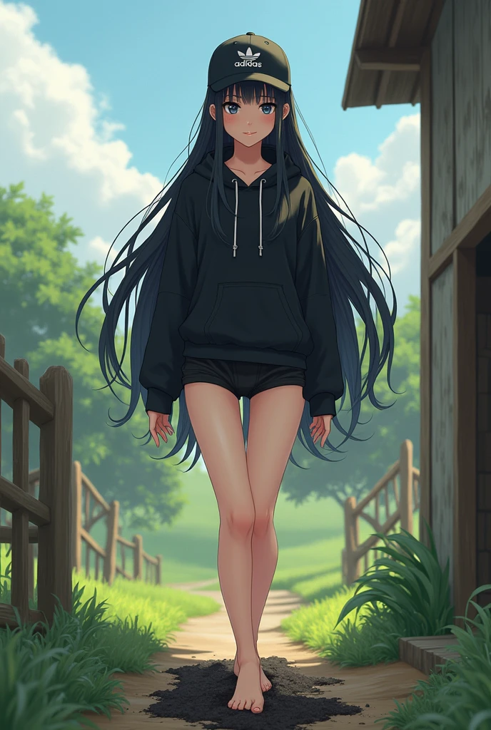 Sexy tall anime girl, long black hair, black eyes, barefoot, wear black adidas cap, wear black adidas hood, wear black panties, background is farm, girl stepped in poop