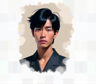 A refreshingly handsome Japanese man with black hair Gentle eyes Bangs are down