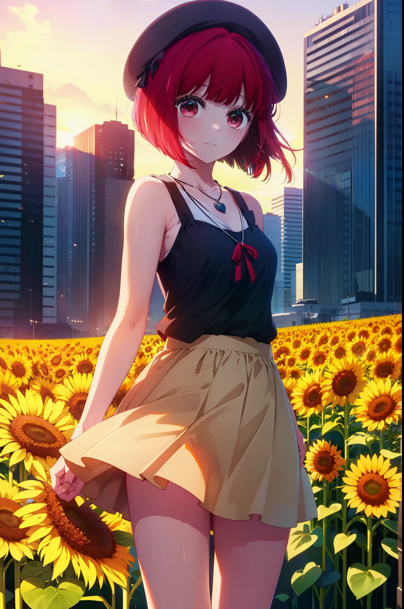 canary, Arima etc., short hair, bangs, (Red eyes:1.3), Redhead, Bobcut, smile,Open your mouth,Tank top,mini skirt,Cute heeled sandals,Heart Necklace,Are standing,Daytime,Clear skies,True Summer,Beret with ribbon,whole bodyがイラストに入るように,
break outdoors,Sunflower field,
break looking at viewer, whole body,
break (masterpiece:1.2), Highest quality, High resolution, unity 8k wallpaper, (figure:0.8), (Beautiful attention to detail:1.6), Highly detailed face, Perfect lighting, Highly detailed CG, (Perfect hands, Perfect Anatomy),