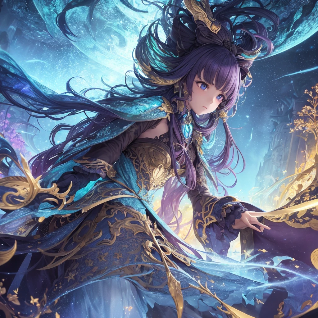 ((masterpiece, best quality, extremely detailed, absurdres)),1girl,cute,Create a highly detailed, realistic anime-style illustration featuring a young girl lost in a vast, exotic fantasy world. She stands at the center of the scene, surrounded by floating, surreal geometric objects, glowing mystical symbols, and otherworldly landscapes. The atmosphere is mysterious and dangerous, filled with rich colors, deep shadows, and fantastical creatures lurking in the background. Her expression should reflect both awe and determination as she embarks on her adventure through this new, unknown land. Incorporate elements of dramatic lighting with intricate details in the surrounding objects and scenery, emphasizing a sense of depth and wonder. The overall tone should be both magical and foreboding, with a sense of impending adventure and danger awaiting her. Include flowing capes, detailed textures on clothing, and use of rich, bold colors to enhance the epic feeling of the artwork.