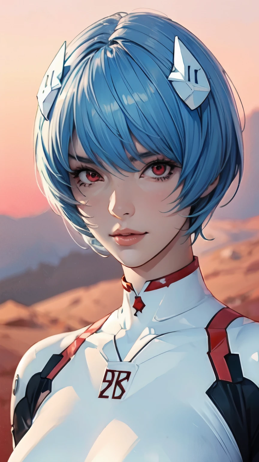1 person、solo、Staring at the audience、Real、ayanami_rey、Blue Short Hair、Bobcut、White bodysuit、White hair ornament、gloves、Red eyes、soloフォーカス、Beautiful and aesthetic face、Detailed face、clean facial features、Very delicate and beautiful、Beautifully detailed eyes、Stars in my eyes、Pink Lips、Perfect Face、sexy、slim、Large Breasts、Are thin、Close-up of face、scenery、Red Sea、Red Sea
