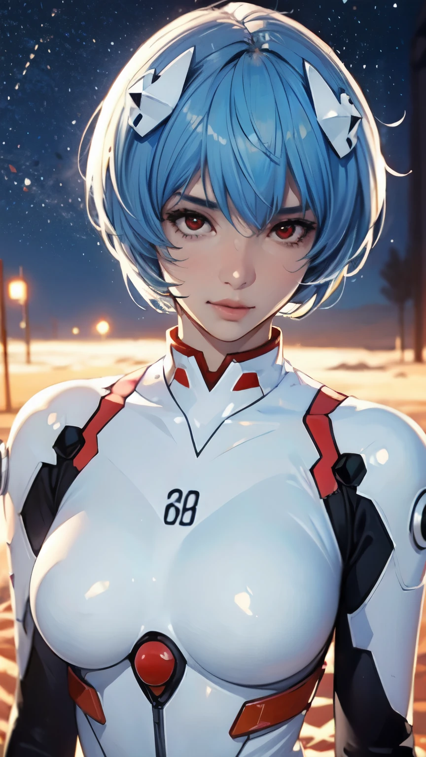 1 person、solo、Staring at the audience、Real、ayanami_rey、Blue Short Hair、Bobcut、White bodysuit、White hair ornament、gloves、Red eyes、soloフォーカス、Beautiful and aesthetic face、Detailed face、clean features、Very delicate and beautiful、Beautifully detailed eyes、Stars in my eyes、Pink Lips、Perfect Face、sexy、sLarge Breasts、Are thin、Close-up of face、scenery、Red Sea、Red Sea