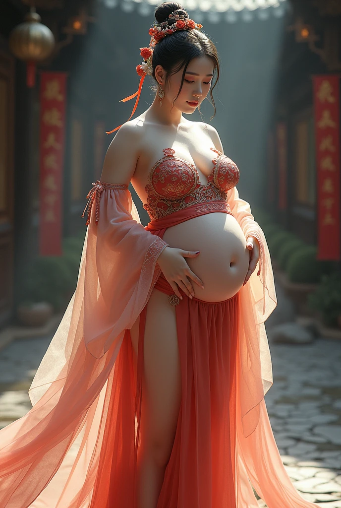 Chinese Girl , Thick body, Curvy body, Bending at waist, Large Breasts, White skin, Gorgeous clothing with exquisite embroidery, Exposing breasts, Flowing tulle, Long transparent colored ribbon tied around the arm, Inspired by Chinese films, Show your belly button, Bare shoulders, Bare neck, High bun，Flower hairpins, Ribbon on armband, wreath, bracelet, Anklets, High heel, Metal chain tassels at waist, Mogao Grottoes Art, Ink Painting, cgstation pop music, In the castle at night, ((whole body)), ((Super realistic)), Kaneko, Kaneko