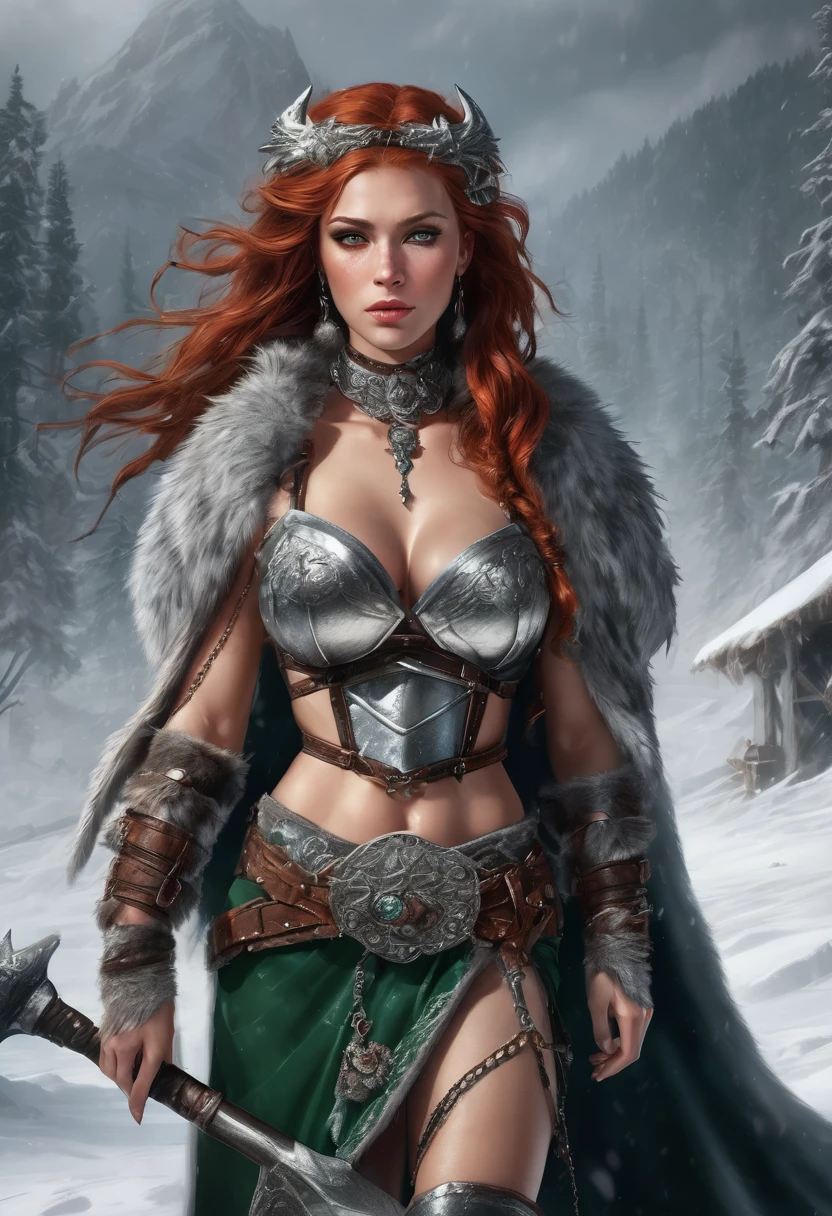 (realistic)(fantasy style)(full body)beautiful barbarian queen with thick red hair and glinting emerald eyes, wearing a choker, wolf furs and revealing leather armor, lots of straps and small chains, wielding a large great axe with expert precision, gray skies, blizzard conditions on a frozen tundra, bears, radiant skin, powerful and intense expression, full body, dynamic pose, life size, perfect anatomy, detailed skin texture, full HD, 4K, HDR, depth of field