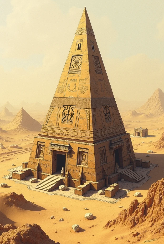 

Direction: Create a detailed drawing of an Egyptian pyramid, incorporating hieroglyphics to enhance the historical accuracy