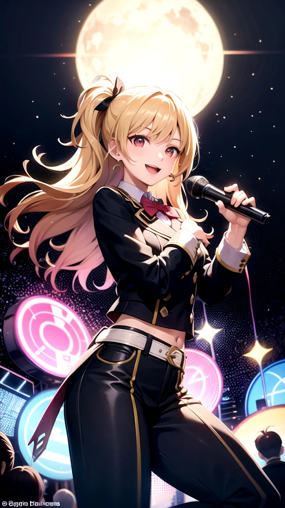 Create an album cover illustration for a pop idol group. The idol has Blonde long hair high school girl, uniform, Red eyes,smile and wears trendy outfits. He is holding a microphone and striking a dynamic pose while surrounded by colorful musical notes and stars. The background features a vibrant cityscape with skyscrapers, neon lights, and a starry sky, creating a vibrant and energetic atmosphere.