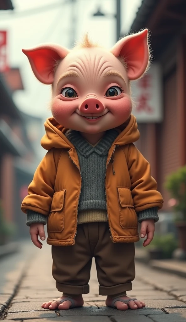 High resolution, masterpiece,Standing in front、In the whole body frame、Japanese、old man、Very short stature、Wrinkle、bald、Blushing, A charming face、Wearing a pig costume、