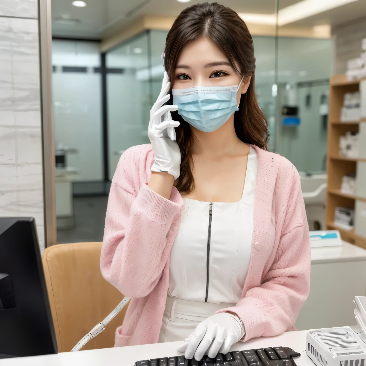 woman wearing a mask and gloves talking on a cell phone