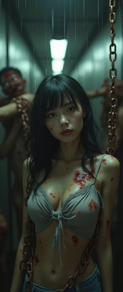 (32K:1.9, Horror expression:1.9, Highest quality, masterpiece, Ultra-high resolution), Professional random camera work, Perfect dynamic composition, Highly detailed skin and facial textures, Detailed eyes, Detailed limbs, (The Darkest Dungeon:1.3), cute, Sexy and slim Japanese woman:1.2, Fair skin, Tilt your head, (5 Zombies:1.7, Zombie touching a woman:2.0, Raindrops falling from the ceiling:1.5), (Breasts so big that they almost burst, areola is not visible, Big cleavage, A look of despair:1.3, Expression of despair:1.3, Totally captivates you, Pure white camisole dress:1.5), Beautiful Blue Eyes, Beautiful erotic eyes, Sexy Face, blush, Beautiful sensual atmosphere, ((Bloody:2.0, Covered in bruises:2.0, Bruises on the face:2.0, Lots of big chains:1.9, Crucified:1.9, Countless chains tangled in clothes:1.9, His right arm is attached to a cross:1.9, The left arm is attached to a cross:1.9, Both hands are chained、Tied tightly to the cross, The right leg is bound with a shackle and chain:1.9, The left leg is bound with a shackle and chain:1.9)), (Too erotic)