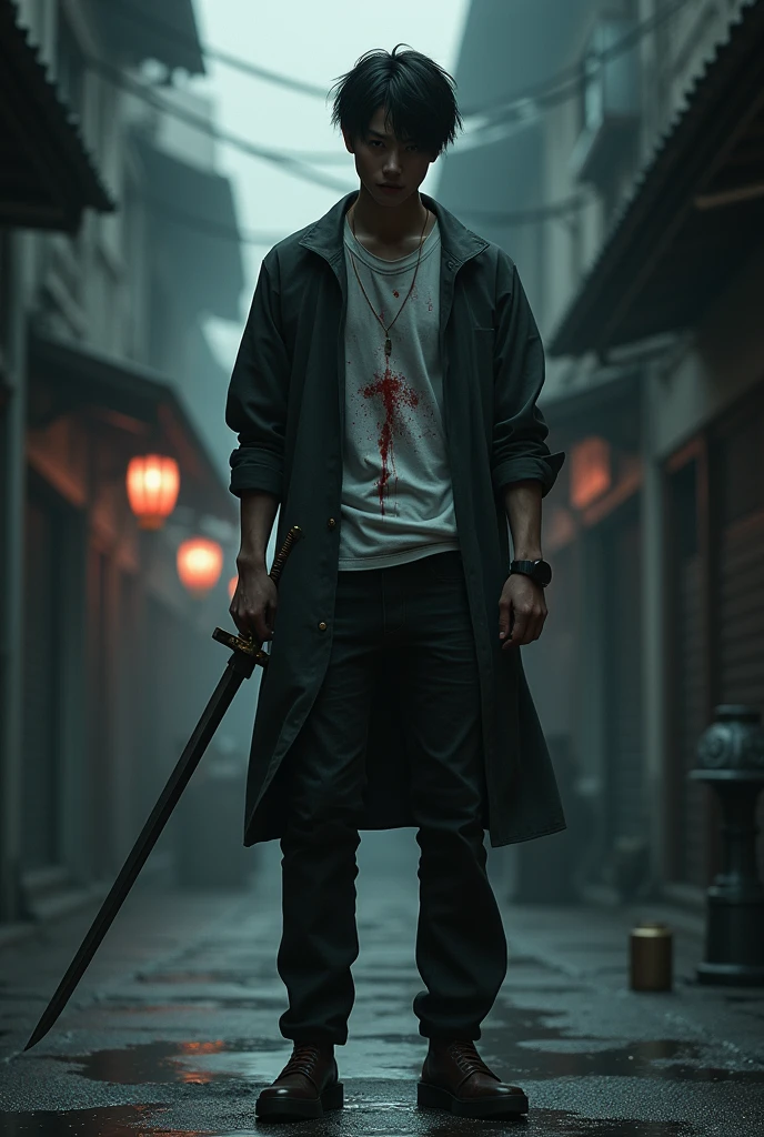 Donghae in casual clothes, stained with blood and with a sword in his hand, standing in the middle of the street in the dark