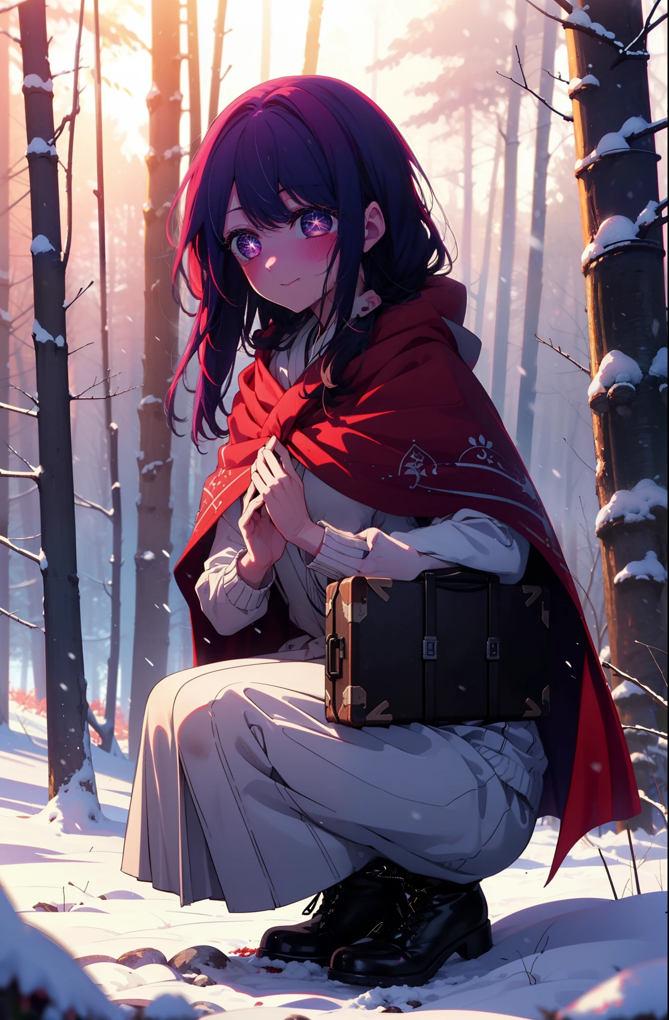aihoshino, Ai Hoshino, Long Hair, bangs, (Purple eyes:1.1), Purple Hair, (Symbol-shaped pupil:1.5), smile,,smile,blush,white breath,
Open your mouth,snow,Ground bonfire, Outdoor, boots, snowing, From the side, wood, suitcase, Cape, Blurred, , forest, White handbag, nature,  Squat, Mouth closed, Cape, winter, Written boundary depth, Black shoes, red Cape break looking at viewer, Upper Body, whole body, break Outdoor, forest, nature, break (masterpiece:1.2), Highest quality, High resolution, unity 8k wallpaper, (shape:0.8), (Beautiful and beautiful eyes:1.6), Highly detailed face, Perfect lighting, Extremely detailed CG, (Perfect hands, Perfect Anatomy),