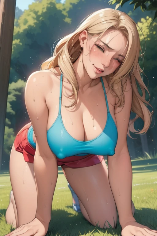 (masterpiece), (best quality), 1girl, (perfect face:1.2), (beautiful face:1.2), platinum blonde hair, Long hair, wavy at the ends.happy, light smile, looking at viewer, pose,
Best Picture, Masterpiece, 4K, High Quality, One AdulA woman is on all fours in a grassy meadow. A large dog is holding her back. Silk underwear. A complete body. Perfect hands and legs. Beautiful body, beautiful legs. Beautiful hands. Perfect body, perfect legs. Perfect hands. Cowboy shot
Woman's sweaty, wet, scantily clad, visible breasts and erect nipples. Sweat is soaking through.
The woman blushes, closes both eyes, opens her mouth, and cries.
One cool, mature woman and one big dog. Tank top, hot pants.
One cool adult woman
She is crawling on all fours in a wooded, overgrown area. A big dog is hugging her back.
(A very short skirt).