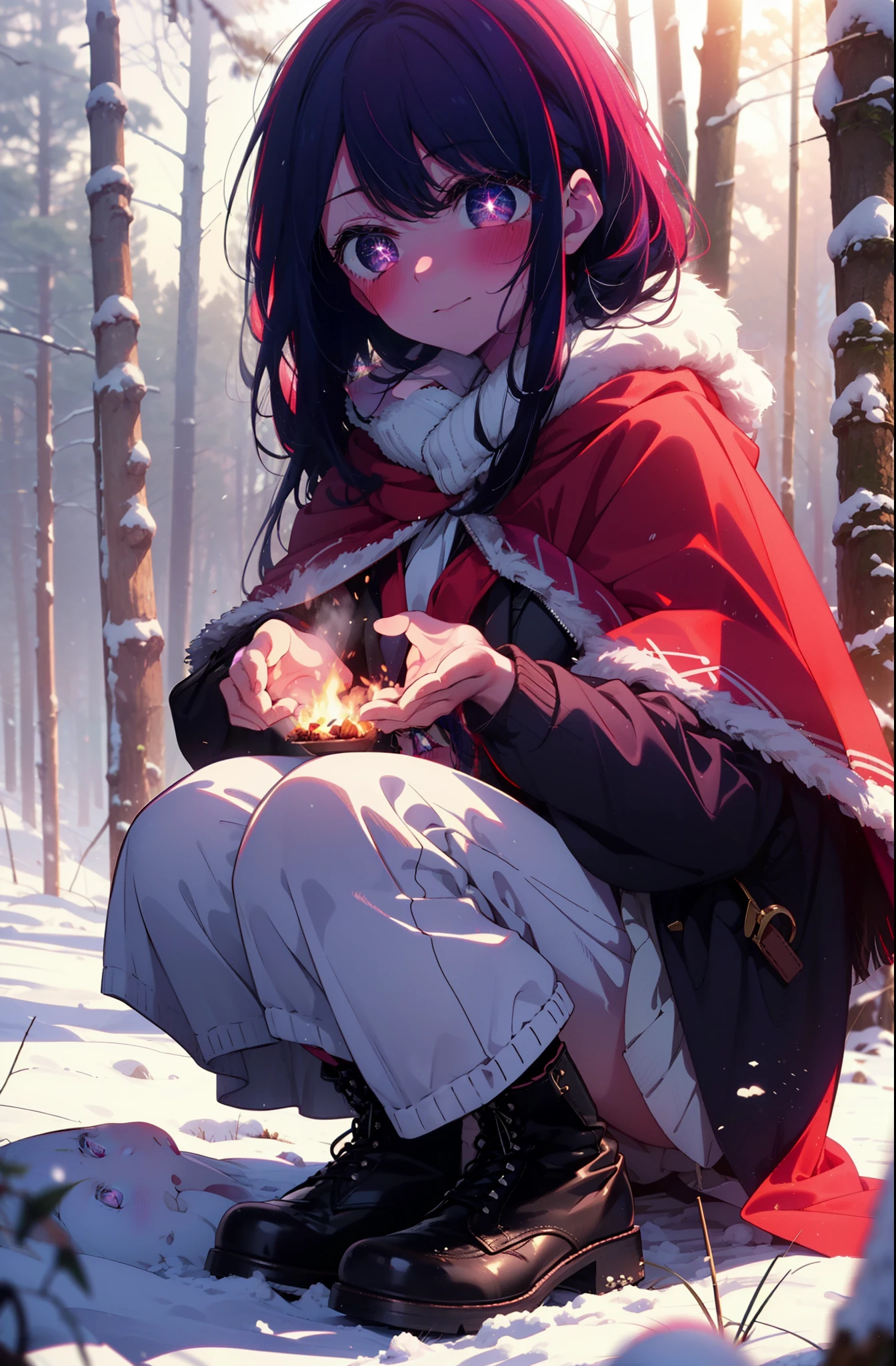 aihoshino, Ai Hoshino, Long Hair, bangs, (Purple eyes:1.1), Purple Hair, (Symbol-shaped pupil:1.5), smile,,smile,blush,white breath,
Open your mouth,snow,Ground bonfire, Outdoor, boots, snowing, From the side, wood, suitcase, Cape, Blurred, , forest, White handbag, nature, Squat, Mouth closed, Cape, winter, Written boundary depth, Black shoes, red Cape break looking at viewer, Upper Body, whole body, break Outdoor, forest, nature, break (masterpiece:1.2), Highest quality, High resolution, unity 8k wallpaper, (shape:0.8), (Beautiful and beautiful eyes:1.6), Highly detailed face, Perfect lighting, Extremely detailed CG, (Perfect hands, Perfect ???????),