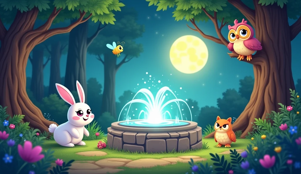 "A bright and colorful scene set in the Enchanted Forest, featuring Luna, a fluffy white bunny with big, friendly eyes, and Twinkle, a cheerful, glowing firefly. Luna is happily standing beside the sparkling Moonbeam Fountain, which is glowing with magical light. Twinkle hovers above, shining brightly. Nearby, Professor Hootington, the wise old owl with large, kind eyes and a warm smile, is perched on a branch of a grand oak tree. The background is filled with vivid green trees, colorful wildflowers, and a soft, glowing moon in the sky. The overall mood is joyful and magical, with a focus on adventure and friendship, perfect for catching the attention of young viewers."
This thumbnail prompt should appeal to kids with its bright colors, friendly characters, and sense of fun and magic!