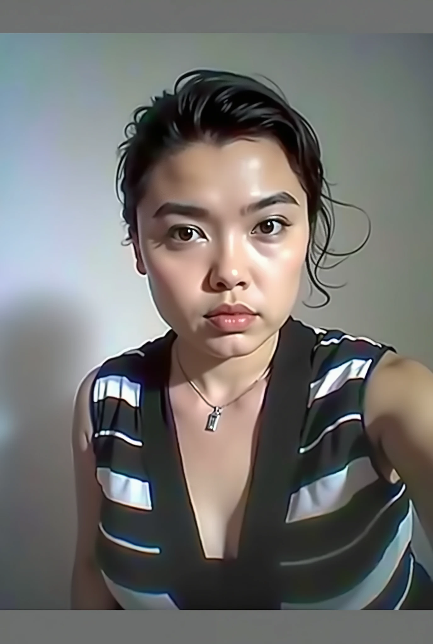 (high detail face) adorable latina lactating girlfriend taking selfie of herself ((tiniest-tits, dark thick-nipples)) and her plump-tits, 1990s cell phone quality