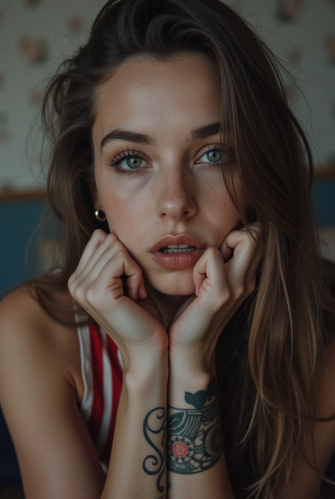 A teen girl with green eyes and sun basked freckles with messy brown hair without clothes and holding a dick with cum on face Background bedroom
