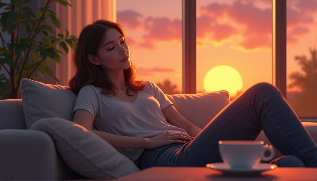 Brown-haired woman relaxing on the sofa,Coffee cup on the table,The sunset can be seen from the window,