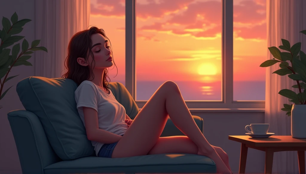Brown-haired woman relaxing on the sofa,Coffee cup on the table,The sunset can be seen from the window,