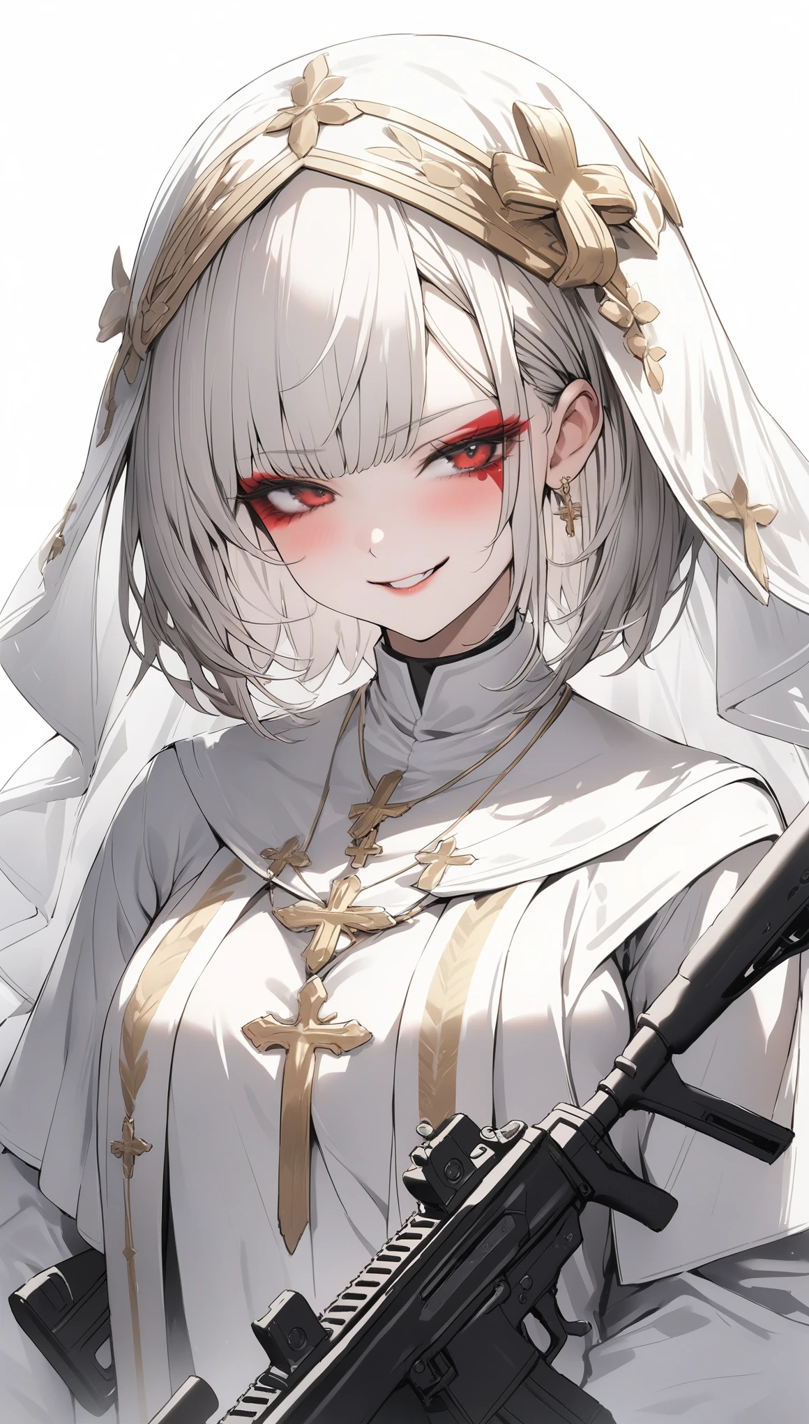 {{masterpiece}}, The best quality of life, 超High resolution, Attention to detail, high quality, High resolution, 最high quality, 4K, 8k,Attention to detail,((Silver fluffy short cut))) 、One person, 1 female、Perfect proportions,((perfect red eyes、Exquisite makeup、Face tattoos)) ,((White background))、(((Sister、The Scapular、Monastic uniform、White Veil))A nasty smile、Cowboy Shot、Watching Me、Holding an assault rifle、assault rifle