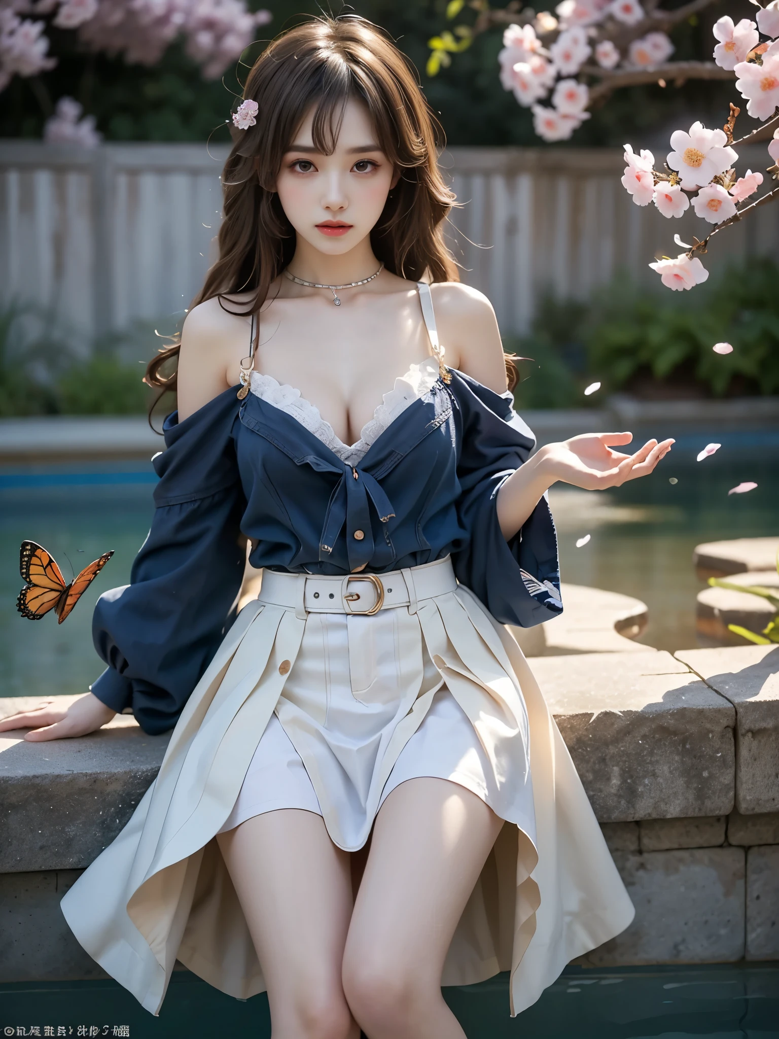 Beautiful dance pose, She gently lifted her skirt with one hand, Long legs , In the pool, ((Flowing long hair))Official Art , Unity8k Wallpaper , Extremely detailed , Visible cleavage, Pretty and beautiful , 性感Long legs, masterpiece , best quality ,Practical, Very detailed illustrations ,Extremely detailed , Intricate details , Extremely complex and detailed , Very detailed 8KCG wallpaper , Caustics .reflection , Ray Tracing , Devil theme ,nebula ,Dark aura, Network Effects , (1 girl)solitary , 小蓝Butterfly , There are dozens of monarch butterflies around , (Blue plasma flame , (insect , Butterfly)) Pastel tones in Rococo style ,Light white and light dark red , Incredibly beautiful , Cherry blossoms , Surrealism ,painting , Ethereal , Mixing reality and fantasy elements ,Ray Tracing , Complex Mode , Exquisite lines , Perfect your hands, Starry Sky , Colorful , Star