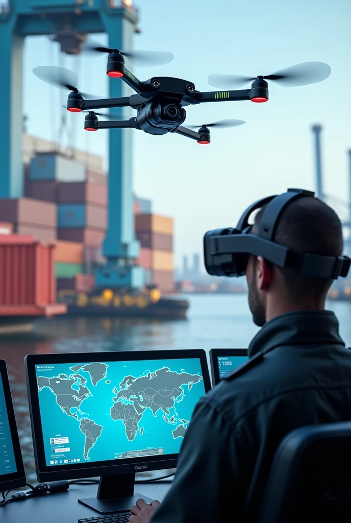 A photo of a drone with a camera flying up a vessel. Beside the drone, the vessel is transferring data from a sensor to a command center at a seaport. In the bottom of the picture, the command center has a large monitor and a supervisor is using VR technology to control the drone, a container crane, and a truck container. realistic. smart technology seaport
