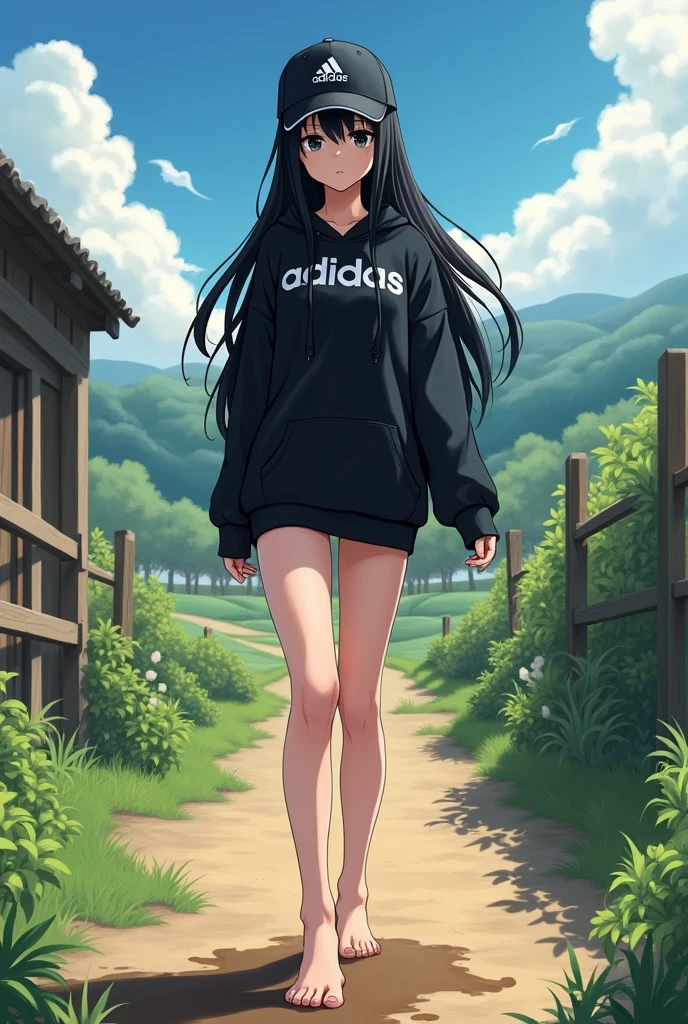 Sexy tall anime girl, long black hair, black eyes, barefoot, wear black adidas cap, wear black adidas hood, wear short black panties, background is farm, girl stepped in poop
