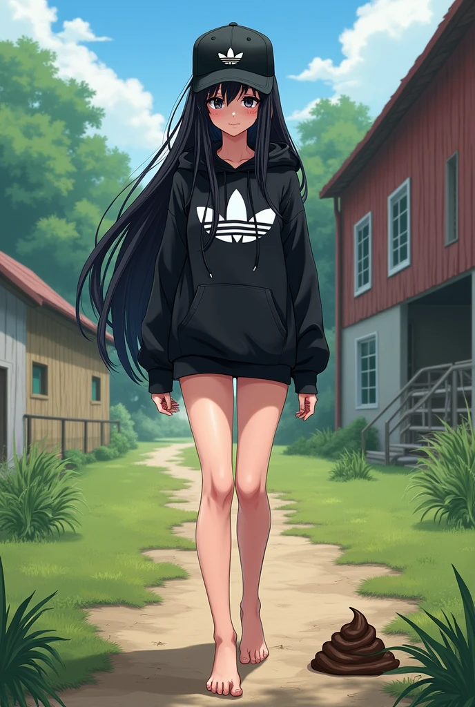Sexy tall anime girl, long black hair, black eyes, barefoot, wear black adidas cap, wear black adidas hood, wear short black panties, background is farm, girl stepped in poop