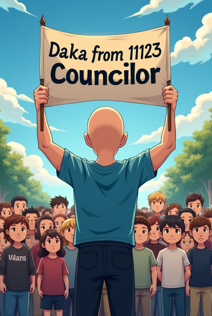 A white boy, strong and bald with sky blue shirt and black pants, holding a banner reading Daka from academy 11123 councilor in front of a crowd of people