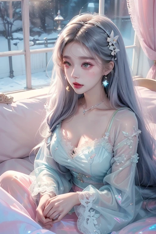 Transparent lace pajamas,Japanese cute woman、barbie dream bed,Lying in bed、(Fluorescent Color:1.4)、(translucent:1.4)、(Retro filter:1.4)、(fantasy:1.4)、Candy world Disney fantasy fluffy soft scenery forest snow avatar pink sky green blue glow dreamy lights soft soft glow rainbow stars diamond glitter gem background surreal ultra hd movie lighting huge details full hd full light、