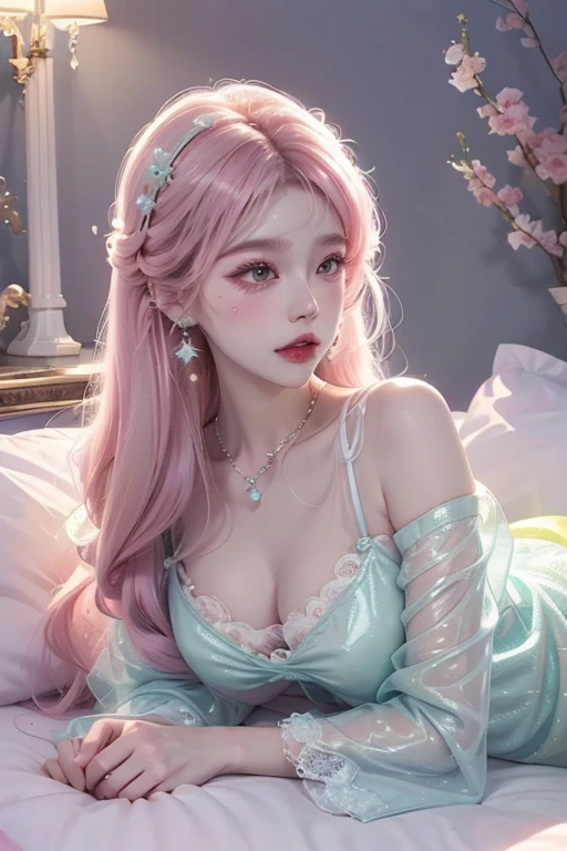 Transparent lace pajamas，Japanese cute woman、barbie dream bed，Lying in bed、(Fluorescent Color:1.4)、(translucent:1.4)、(Retro filter:1.4)、(fantasy:1.4)、Candy world Disney fantasy fluffy soft scenery forest snow avatar pink sky green blue glow dreamy lights soft soft glow rainbow stars diamond glitter gem background surreal ultra hd movie lighting huge details full hd full light、
