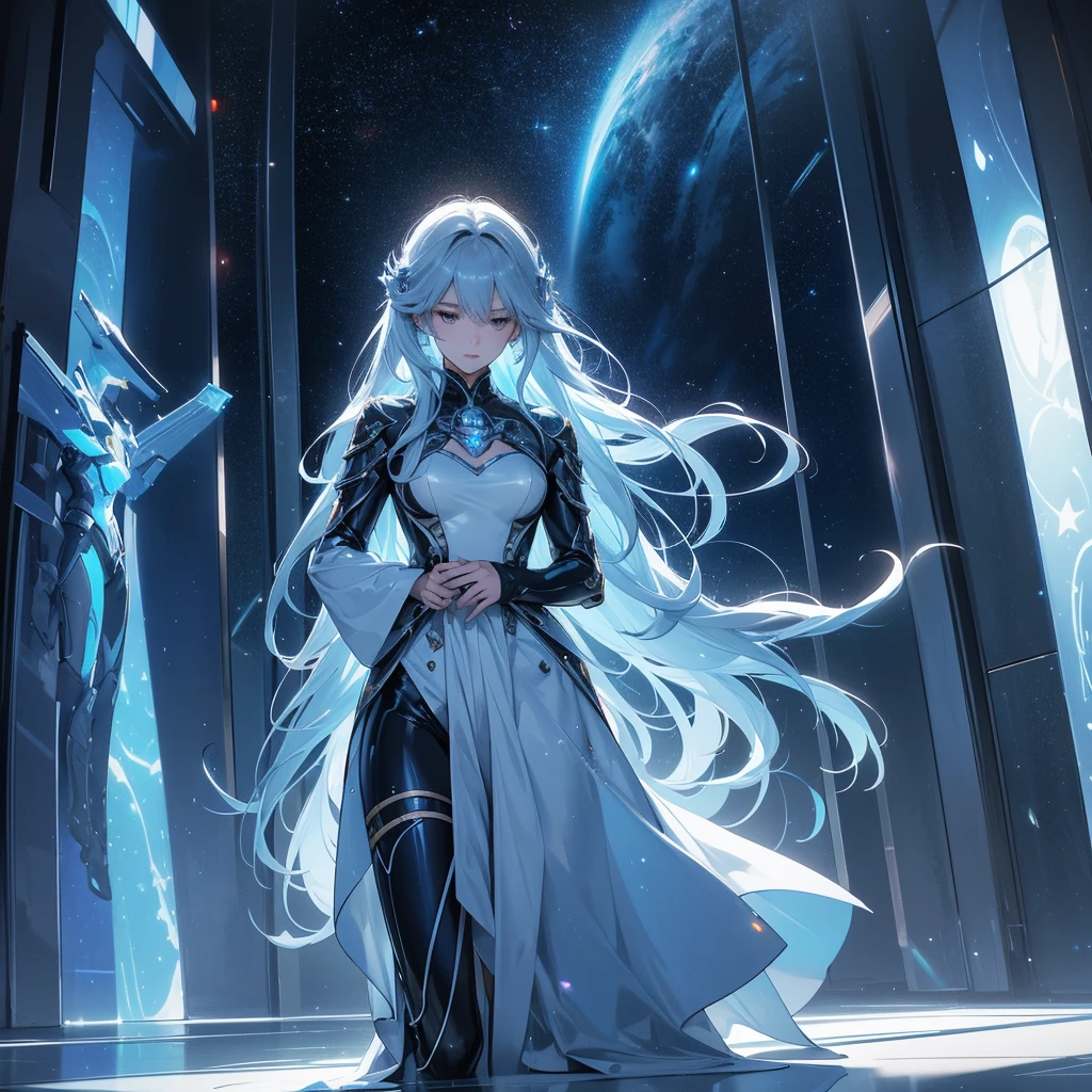 A work of science fiction art. The visual style should maintain a realistic, sci-fi aesthetic. It should have a polished look of hyperdetailed digital art with specular highlights. The space background is crystal clear with dramatic stars and nebulae in focus Inside a starship, full body view of young man and a young woman standing vertically side by side inside a starship in sleek, futuristic stasis chambers behind swirling energy fields like mandelbrot fractals. Both are wearing unisex mylar jumpsuits with boots on floor inside chamber and matching ruby pendants suggesting they are a couple. The transparent covers of the chambers reveal their serene expressions, as if peacefully asleep, with soft, pulsing lights surrounding them. The chambers are made of crystalline, glass-like material, subtly sparkling to represent their shared dreams. A gentle, ethereal light fills the starship's interior, casting a soft glow over everything. The interior of the starship is light blue. In the background, through a large window, the vastness of space is visible, with velvet skies and distant stars. Nebulae drift slowly, symbolizing the cosmic call they are following. A faint, pulsing light around each person's chest signifies their still-beating hearts, highlighting their connection even in stasis. The scene evokes a sense of timelessness and enduring love, with distant galaxies waltzing outside the window, creating a delicate contrast between the stillness within and the movement beyond They are surrounded by instruments and displays
