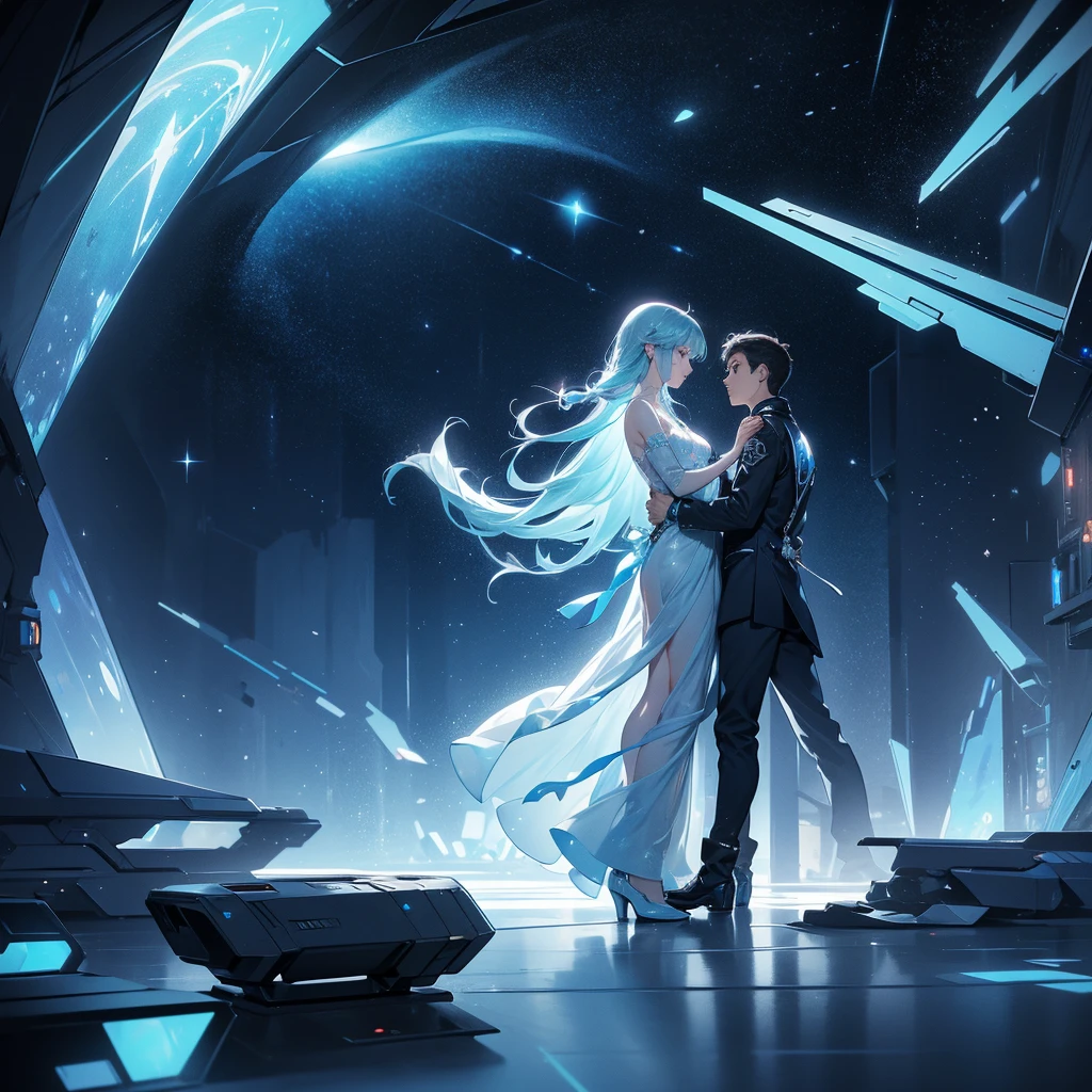 A work of science fiction art. The visual style should maintain a realistic, sci-fi aesthetic. It should have a polished look of hyperdetailed digital art  with specular highlights. The space background is crystal clear with dramatic stars and nebulae in focus Inside a starship, full body view of young man and a young woman standing vertically side by side inside a starship in sleek, futuristic stasis chambers behind swirling energy fields like mandelbrot fractals. Both are wearing unisex mylar jumpsuits with boots on floor inside chamber and matching ruby pendants suggesting they are a couple. The transparent covers of the chambers reveal their serene expressions, as if peacefully asleep, with soft, pulsing lights surrounding them. The chambers are made of crystalline, glass-like material, subtly sparkling to represent their shared dreams. A gentle, ethereal light fills the starship's interior, casting a soft glow over everything. The interior of the starship is light blue. In the background, through a large window, the vastness of space is visible, with velvet skies and distant stars. Nebulae drift slowly, symbolizing the cosmic call they are following. A faint, pulsing light around each person's chest signifies their still-beating hearts, highlighting their connection even in stasis. The scene evokes a sense of timelessness and enduring love, with distant galaxies waltzing outside the window, creating a delicate contrast between the stillness within and the movement beyond They are surrounded by instruments and displays