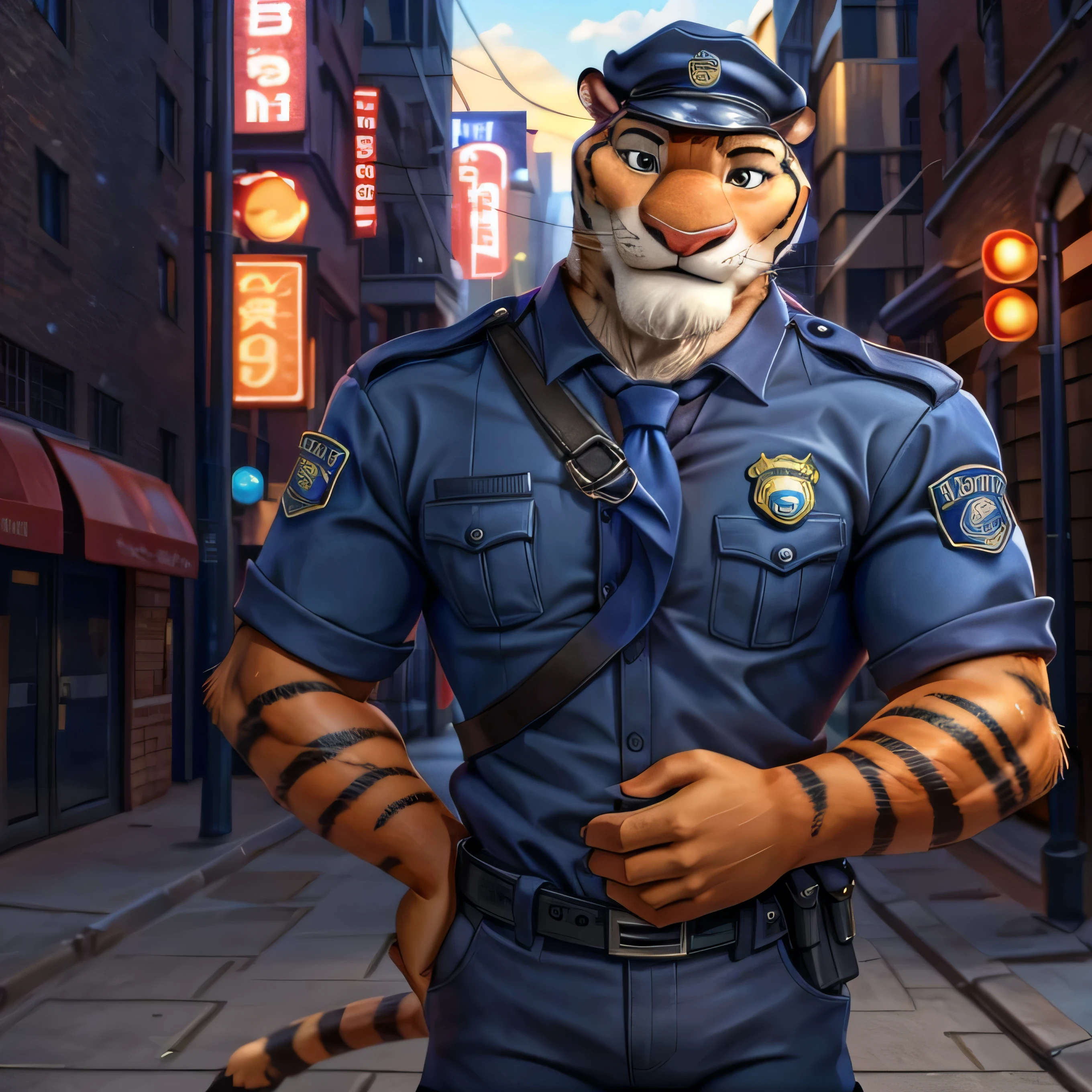 Zootopia cartoon, furry tiger police officer Fangmeyer, tall, slender, handsome, extremely beautiful and cute face, muscular body, gentle look, blue police uniform, sexy, hot, cute smile, standing, streets background