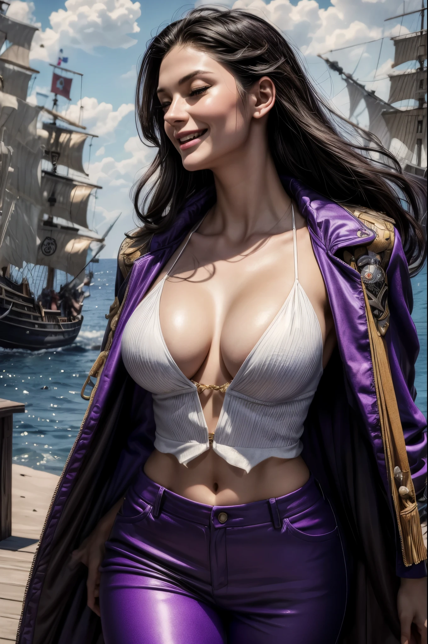 masterpiece, best quality, extremely detailed, hyperrealistic:1.1, photorealistic, a beautiful 20s russian model, ultra detailed face:1.1, purple jacket, purple pants, medium hair, black hair, dynamic angle, dynamic pose, pirates island, joyful smile, open mouth, eye closed, a lot of pirates