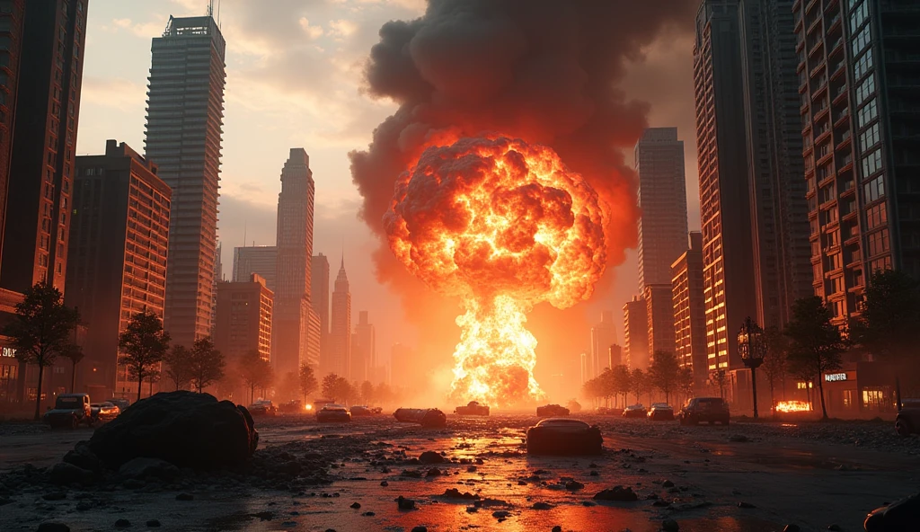 A massive explosion engulfs a modern city, with towering skyscrapers in the background. Fire and smoke billow into the sky, debris scattered across the streets. Cars are overturned, and the force of the blast has shattered windows in nearby buildings. The scene is chaotic, with intense orange and red flames illuminating the area. Dark clouds of smoke rise high above the city, casting a shadow over the urban landscape. The explosion occurs at dusk, with the fading sunlight adding an eerie glow to the destruction.