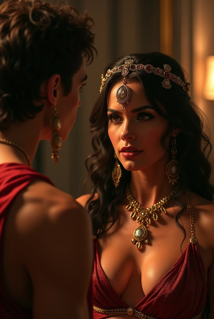 full-body from head to toe of a provocatively dressed ancient Roman prostitute entertaining her customer who is Roman senator, beautiful detailed eyes, beautiful detailed lips, extremely detailed face and skin, long eyelashes, intricate detailed clothing and jewelry, cinematic lighting, dramatic shadows, warm color tones, photorealistic, masterpiece