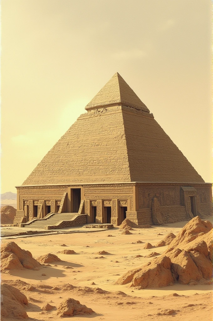 Direction: Create a detailed drawing of an Egyptian pyramid, incorporating hieroglyphics to enhance the historical accuracy