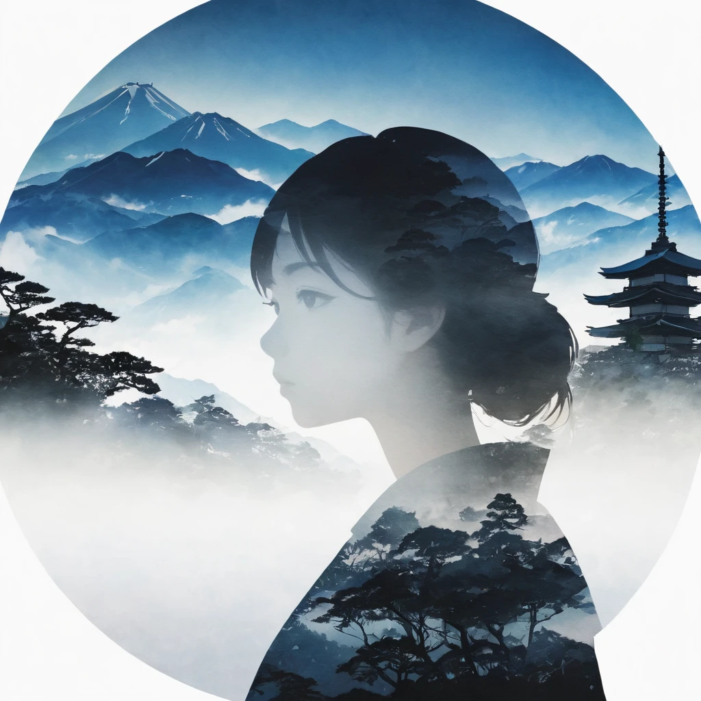 Silhouette of a girl, Lots of Japanese scenery , modern japanese landscape, close, Double exposure, White Background