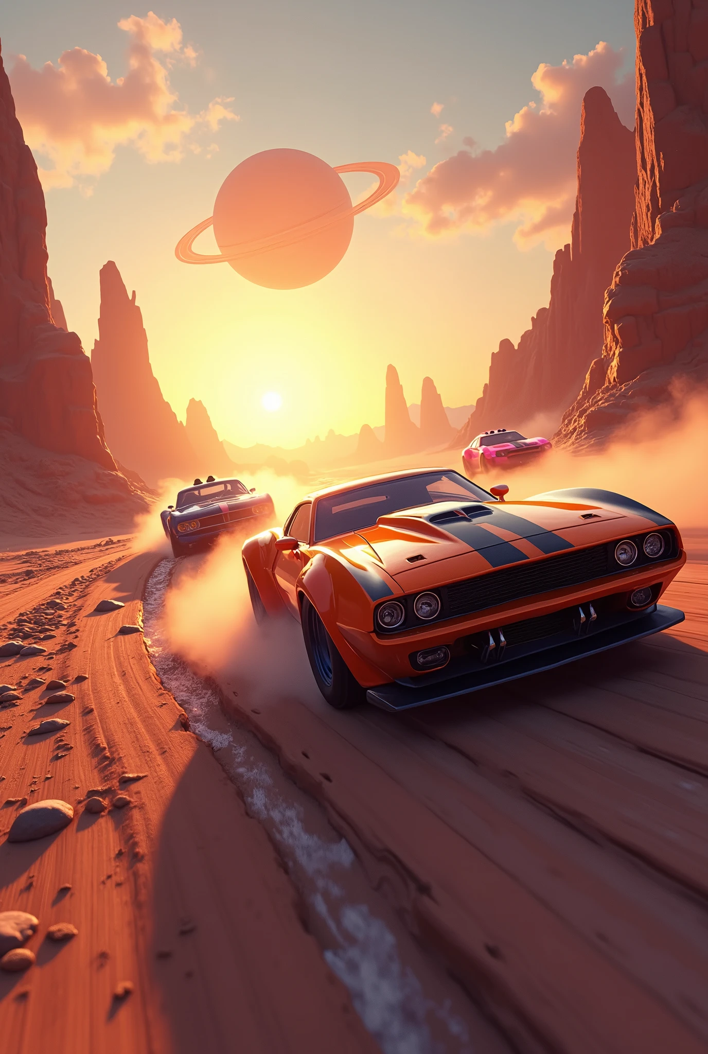 Hot rod race (3Hotrod, orange, blue, pink) on an alien planet in the twilight of a rising sun, dynamic drifting,, dusty, mountains, rivers, stones, on the horizon a ring planet rises, view towards the rising sun, lens flare, against light,