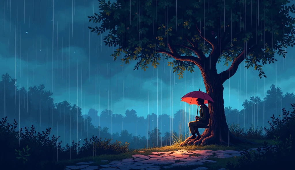 High resolution, pixel art dot painting scenery chill lofi 90s person sheltering from the rain under a tree rain