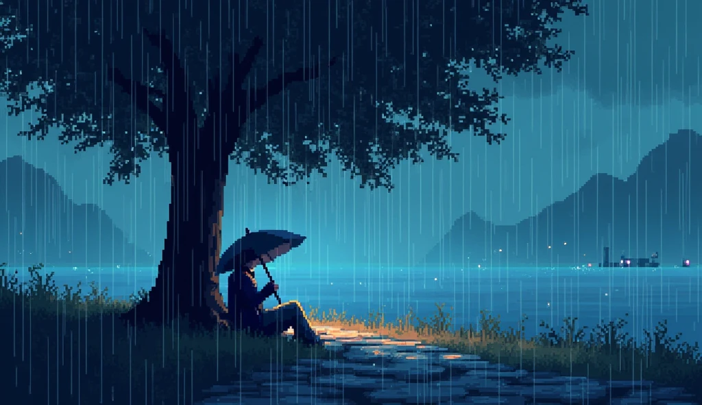 High resolution, pixel art dot painting scenery chill lofi 90s person sheltering from the rain under a tree rain