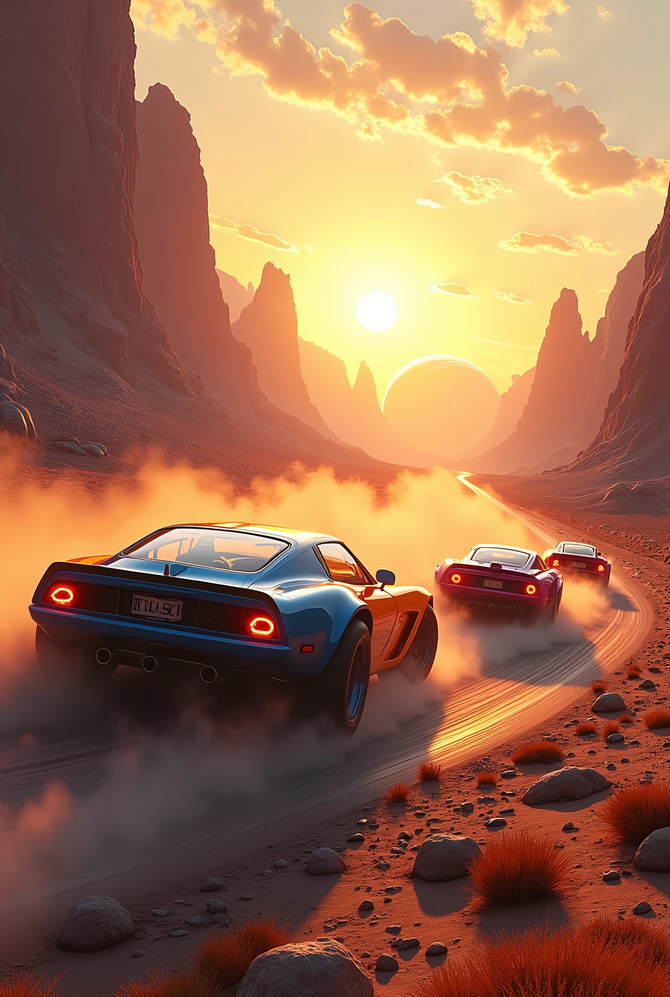 Hot rod race (3Hotrod, orange, blue, pink) on an alien planet in the twilight of a rising sun, dynamic drifting,, dusty, mountains, rivers, stones, on the horizon a ring planet rises, view towards the rising sun, lens flare, against light,