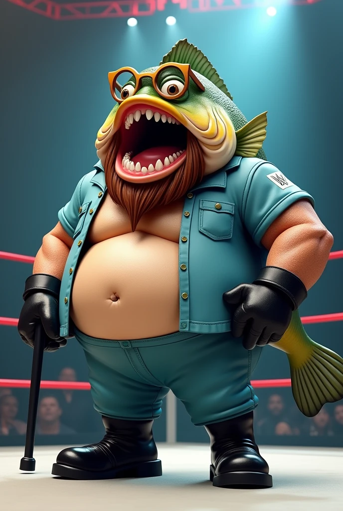 Fat Cartoon Bigmouth Bass fish, dressed like WWE wrestler Big Boss Man
Fat Cartoon Bigmouth Bass fish body. Cartoon Bigmouth Bass fish head. Cartoon Bigmouth Bass fish arms. Cartoon fish hands.
Gold glasses with black shades.
Short brown mustache and beard.
Light blue prison guard shirt. Blue pants. Black wrestling boots. Black gloves. Carrying a black nightstick
Standing in a wrestling ring.