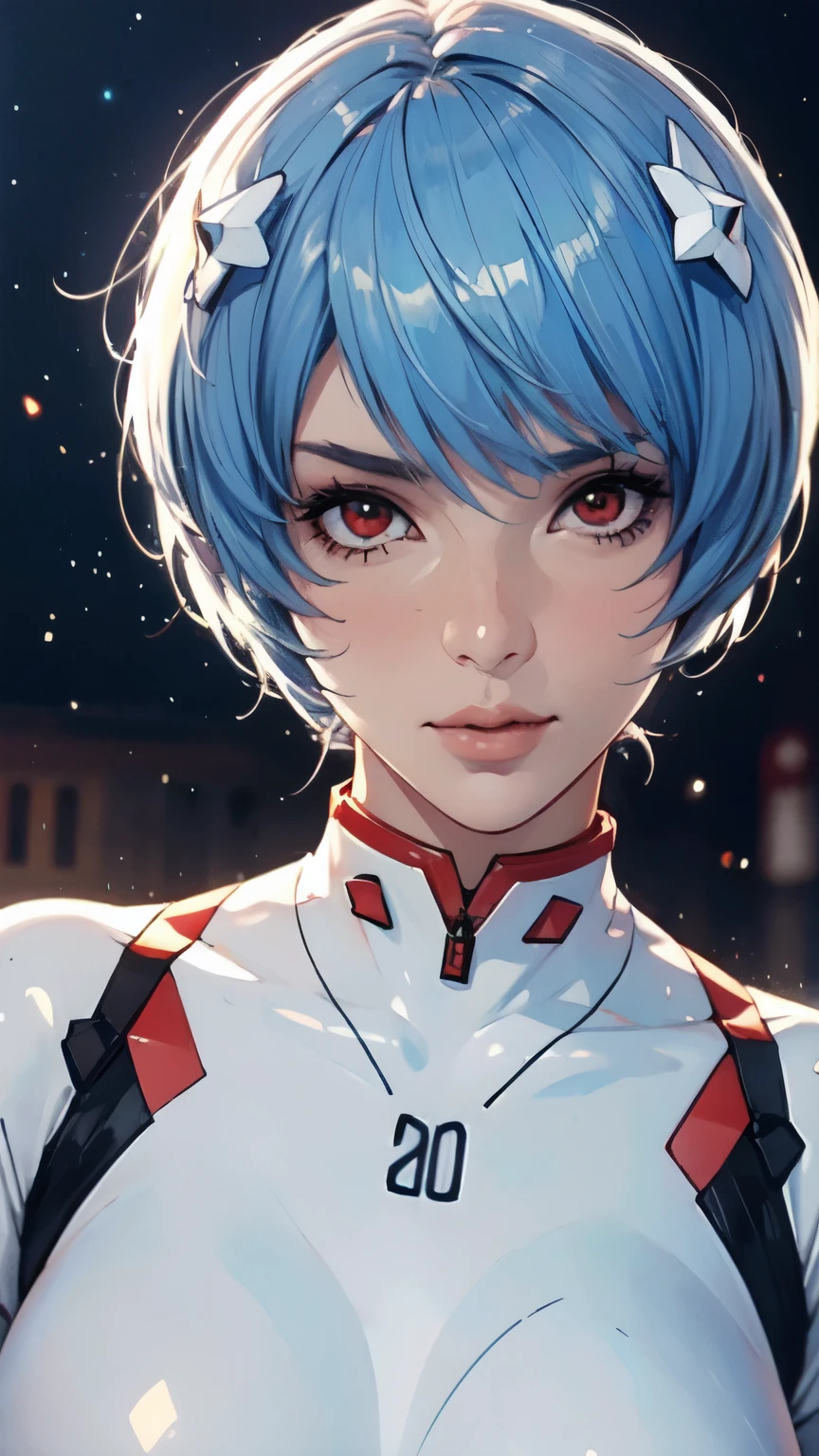 1 person、solo、Staring at the audience、Real、ayanami_rey、Blue Short Hair、Bobcut、White bodysuit、White hair ornament、gloves、Red eyes、soloフォーカス、Beautiful and aesthetic face、Detailed face、clean facial features、Very delicate and beautiful、Beautifully detailed eyes、Stars in my eyes、Pink Lips、Perfect Face、sexy、slim、Large Breasts、Are thin、Close-up of face、Ultra Close-Up、scenery、Red Sea、Shiny Suit、