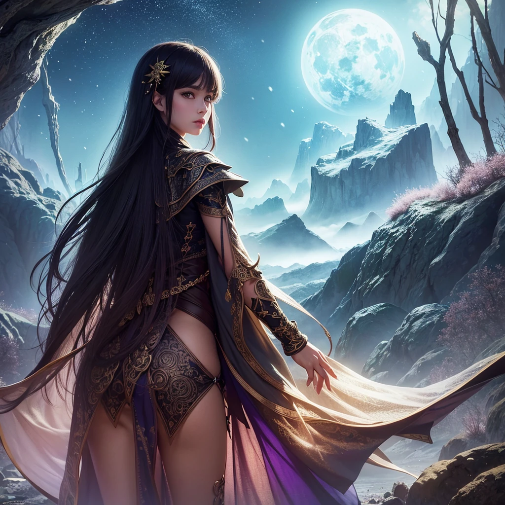 ((masterpiece, best quality, extremely detailed, absurdres)),1girl,cute,Create a highly detailed, realistic anime-style illustration featuring a young girl lost in a vast, exotic fantasy world. She stands at the center of the scene, surrounded by floating, surreal geometric objects, glowing mystical symbols, and otherworldly landscapes. The atmosphere is mysterious and dangerous, filled with rich colors, deep shadows, and fantastical creatures lurking in the background. Her expression should reflect both awe and determination as she embarks on her adventure through this new, unknown land. Incorporate elements of dramatic lighting with intricate details in the surrounding objects and scenery, emphasizing a sense of depth and wonder. The overall tone should be both magical and foreboding, with a sense of impending adventure and danger awaiting her. Include flowing capes, detailed textures on clothing, and use of rich, bold colors to enhance the epic feeling of the artwork.