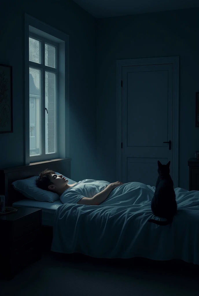A view of a bedroom on a pitch-black night. Dim light from outside the window filters in dimly, casting shadows on the walls and bed. • A black cat sits at the end of the bed, looking at the sleeping young man.
